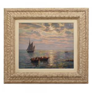 QUADRI ANTICHI, QUADRI MARE, MARINA CON VELIERO, PITTURA AD OLIO SU TELA, DELL'800. (QM701)